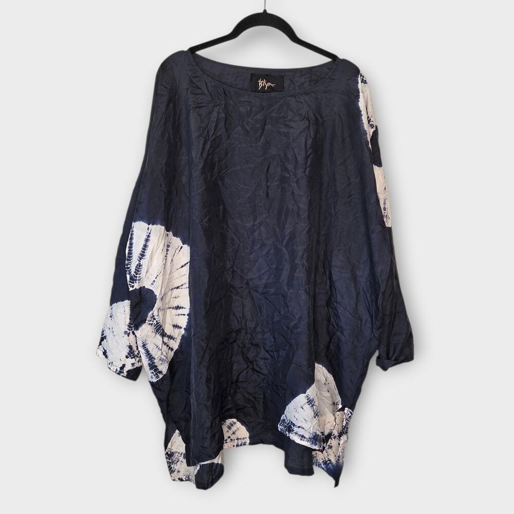 Biya 100% Silk Caftan Blue White Tunic Dress Johnny Was Women's Small